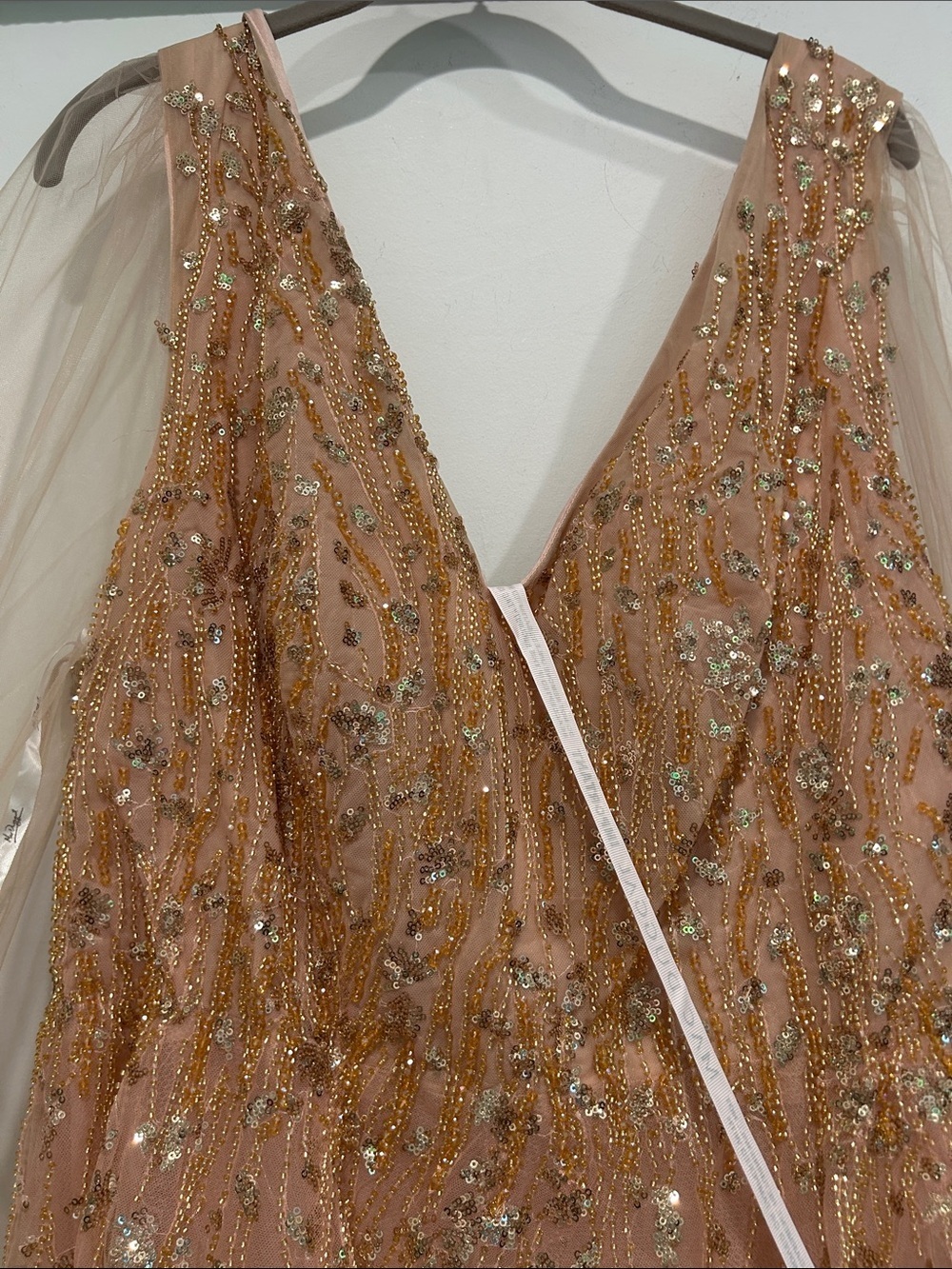 Mac Duggal Blush Champagne Embellished v neck Tulle Maxi Gown plus size 24 new - Picture 5 of 14